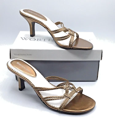 Worthington Mujer Talla 7.5 JENNIFER Bronce Metálico Slides Tirantes Trenzado Foto 1 de 4