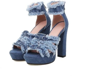 Womens Sandals Peep-Toe Blue 9.5cm High Block Heel Engineered Denim Fashion - Picture 1 of 8
