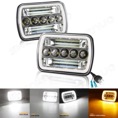 7x6" 5x7 LED Square Headlight Sealed beam DRL Turn Signal Spotlight White/Amber - Image 1 of 4