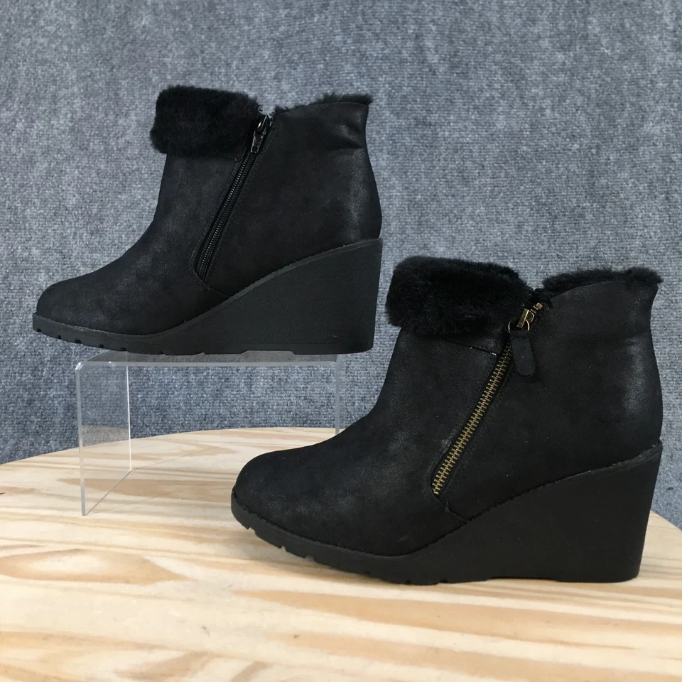 Botas Lane Bryant para mujer 10 W informales cremallera lateral ribete de piel sintética botín de cuña negro Foto 1 de 4