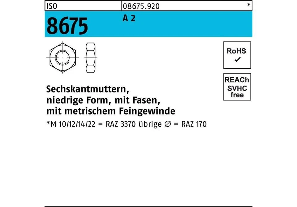 Reyher Sechskantmutter ISO 8675 m.Fasen M 14 x 1,5 A 2 - Bild 1 von 1