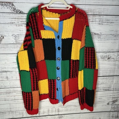 Cárdigan Suéter Hecho a Mano Cuadrado Tejido a Mano Multicolor Granny Colorblock Talla 2XL Foto 1 de 4