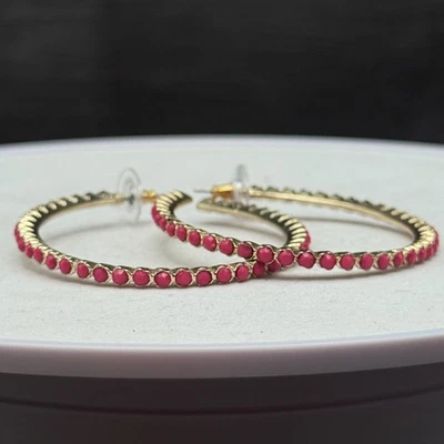 Pendientes de aro esmaltados de moda con diamantes de imitación rosa/magenta de aluminio recubiertos de plástico Foto 1 de 4