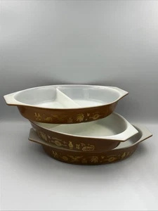 Lot Of 3 Vtg PYREX Early American 1-1/2 QT Divided Casserole Serving Dish Brown - Picture 1 of 8