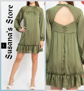 NWT BCBG SIZE 8 Satin Long Sleeve Cut-Out Ruffle Hem Shift Dress MSRP $118.00 - Picture 1 of 5