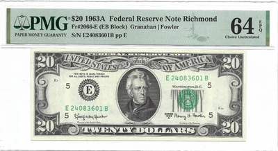 1963A $20 RICHMOND FRN PMG Choice Uncirculated 64EPQ Banknote Scarcer E/B Block - Image 1 of 2