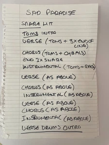 BLACK DOLDRUMS ORIGINAL HANDWRITTEN SAD PARADISE DRUM NOTES RECORDING SESSION - Picture 1 of 1