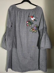 Velzera Shift Dress Bird/Flower Embroidery Cottagecore Coastal 100% Cotton Sz L - Picture 1 of 10