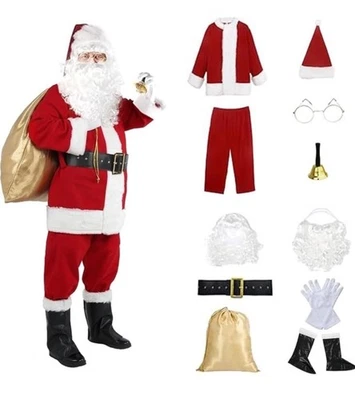Christmas Santa Costume 11pc Adult Deluxe Santa Suit Pro Velvet Santa Outfit 3XL - Image 1 of 4