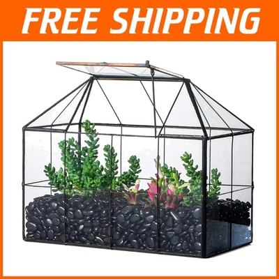 Geometric Glass Terrarium for Succulents, Black Grid Pattern - Image 1 of 4