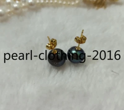 Natural Mar del Sur 10-11mm Negro Barroco Agujero Perla Pendiente Oro 14k Foto 1 de 4