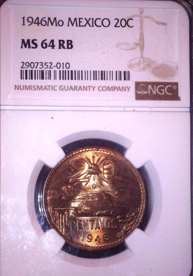 1946Mo México 20 centavos, NGC 64 RB, emisión gratuita Foto 1 de 2