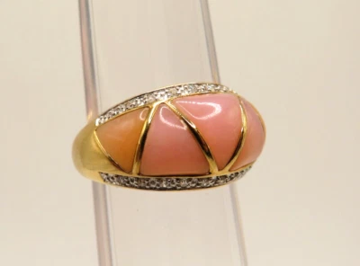 HERMOSO ANILLO DE ORO AMARILLO DE 14K con 5 jadeítas teñidas de rosa y 20 diamantes - tamaño: 5,5* Foto 1 de 4