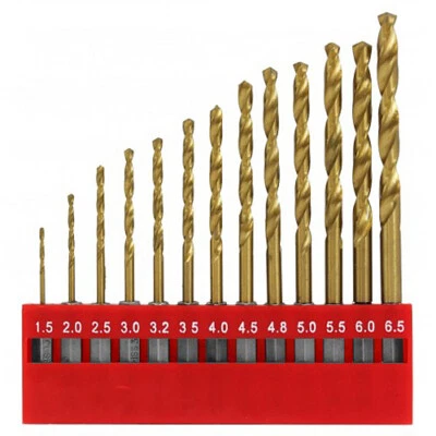 13pc Hss Titanium Coated Drill Bit Set With 1/4" Hex Shanks 1.5mm - 6.5mm Bits - Image 1 of 4