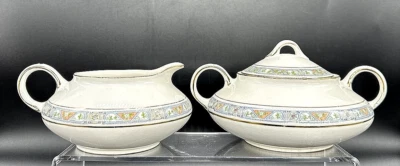 Crema Art Deco y Tapa de Azúcar Pope Gosser Naranja Geométrico Azul Flores Porcelana Foto 1 de 4