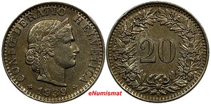 Switzerland 1939 B 20 Rappen First Year for Type KEY DATE KM# 29a (9433) - Picture 1 of 3