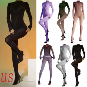 Damen Langarm Body seidig Nylon Dessous Bodystocking hoch dehnbar - Bild 1 von 54