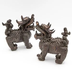 Matched Pair of Antique Old Chinese Tibetan Foo Dog Figures - Picture 1 of 13