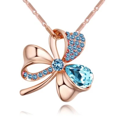 18K Rose Gold GF Made With Swarovski Crystal Aquamarine 3 Leaf Clover Necklace Foto 1 de 4