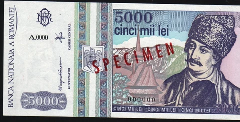Romania 5000 Lei P-104 1993 Rare Romanian SPECIMEN A000 UNC World Currency NOTE Cover