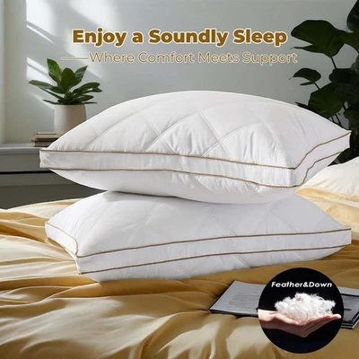 Set of 2 Bed Pillows Medium Support Gusset Down Feather Pillows, King or Queen - Image 1 of 4