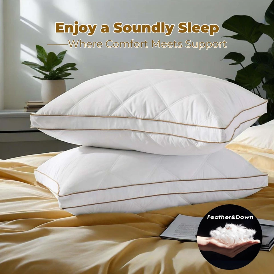 Set of 2 Bed Pillows Medium Support Gusset Down Feather Pillows, King or Queen - Image 1 of 4