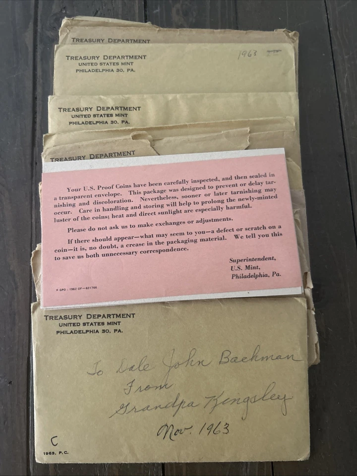 1963 Proof Set Envelopes and Inserts - 10 Total - No Coins Included - Image 1 of 1