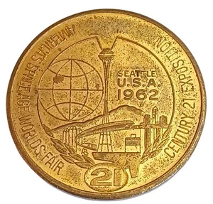 1962 Weltausstellung Medaille Jahrhundert 21 Ausstellung Seattle One Dollar Messing 1,5" - Bild 1 von 2