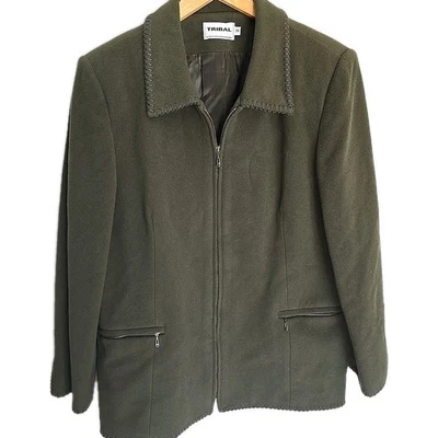 羊毛羊绒混纺西装外套夹克女式 14 橄榄绿色拉链前缝合下摆 — 第 1/4 张图片