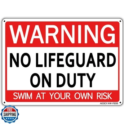 Warning No Lifeguard On Duty Sign - 10" x 13" Weather-Resistant Metal Pool Ru Foto 1 de 4