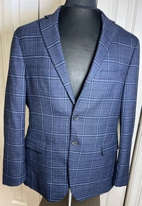 Kenneth Cole Awareness Blazer Mens 42S Navy Blue Windowpane Wool Blend Slim Fit - Picture 1 of 8
