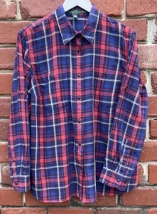 Lauren Jeans Co donna taglia 1X blusa manica lunga linguetta rotolo bottoni plaid rosso blu - Foto 1 di 11