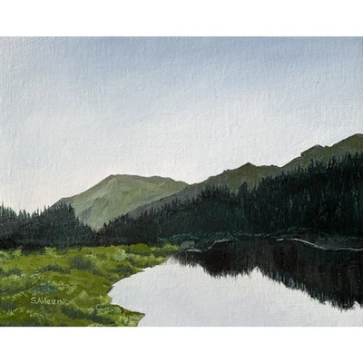 Original Oil Landscape Painting Alpine Lake Pines Mountains Grass 8x10" Signed - Image 1 of 4