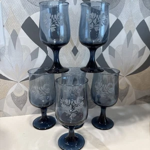 Set of 6 Vintage Libbey Pfaltzgraff Yorktown Tulip Dusky Blue Small Goblets Wine - Picture 1 of 13