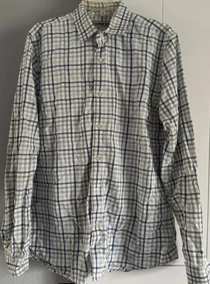 Camisa de vestir vintage Express L azul/gris a cuadros manga larga con botones extra delgada Foto 1 de 3