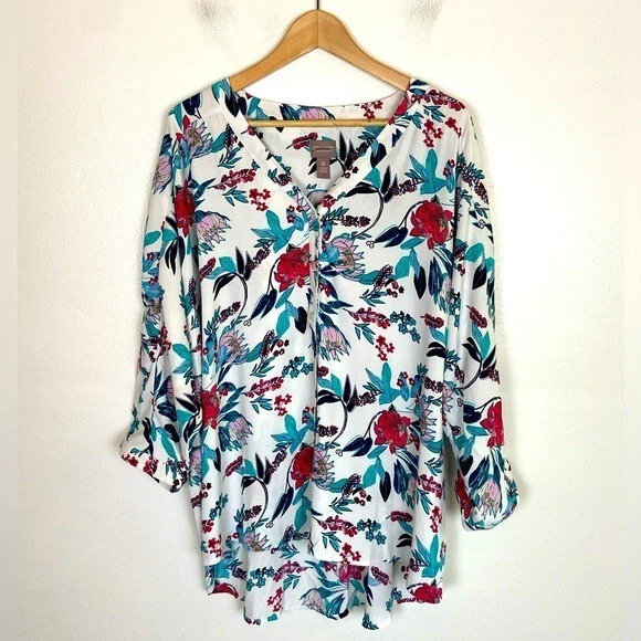 Chico's Chiffon Floral 3/4 Sleeves Top Size 4 US XXL Button Down Summer Tropical