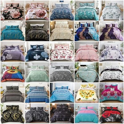 Floral Marbled Comforter Doona Set Quilted Queen King Size Bed Pillowcases Soft - image 1 of 4