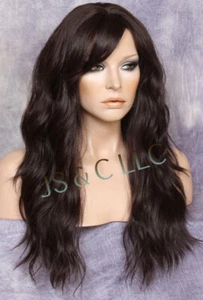 Peluca completa Long Beach ondulada marrón oscuro mezcla de cabello humano calor OK Bangs FBW 4 - Imagen 1 de 7