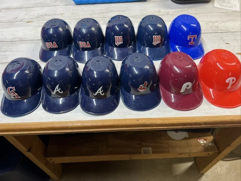 Lot of 11 Vintage Mini Baseball Helmets- California Angels, Phillies, MLB, 5 In Cover