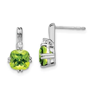 14K Solid White Gold Cushion-cut Peridot Diamond Dangle Earrings - Picture 1 of 5