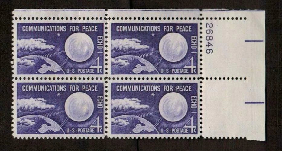 1173 MNH OG Plate Block of 4 1960 4c Echo I Communications for Peace $0 US Ship - Image 1 of 1