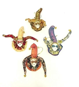 Jester Mardi Gras Magnets Ornaments Hand Paint Glitter & Bells Accents- Set of 4 - Picture 1 of 9