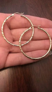 10K YELLOW GOLD TEXTURED HOOP EARRINGS  ROUND POLISHED HOOPS  1.6" (2x41mm) - Picture 1 of 6