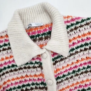 ZARA Women's Striped Knit Jacket/Cardigan  - Size M White Pink Green Orange - Picture 1 of 10