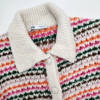 ZARA 女式条纹针织夹克/开衫 - M 码白色粉红色绿色橙色 — 第 1/4 张图片