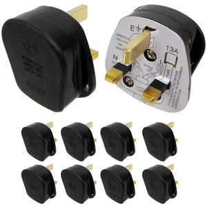 10 x 3 Pin Plugs Black 13 Amp Fused UK Type G BS1363 Rewireable 13A Nylon - Picture 1 of 13