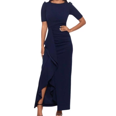 Vestido largo Xscape para mujer talla 12 crepé con volantes azul marino mangas abullonadas Foto 1 de 4