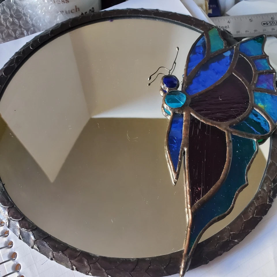 Espejo redondo vitral mariposa único en su clase bronce cobre Foto 1 de 4