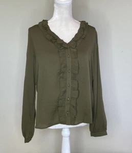 andree by unit NWT women’s button up ruffle blouse size M olive R10 - Picture 1 of 8