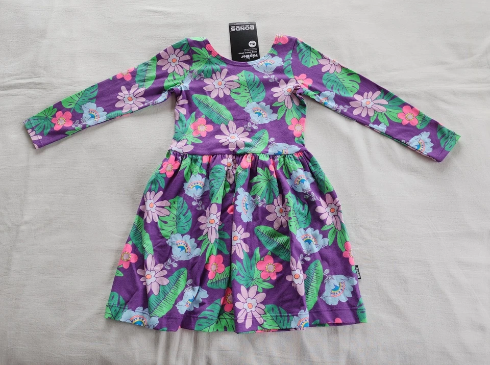 Bonds Girls Fluro Floral Long Sleeve Hipster Dress Size 7